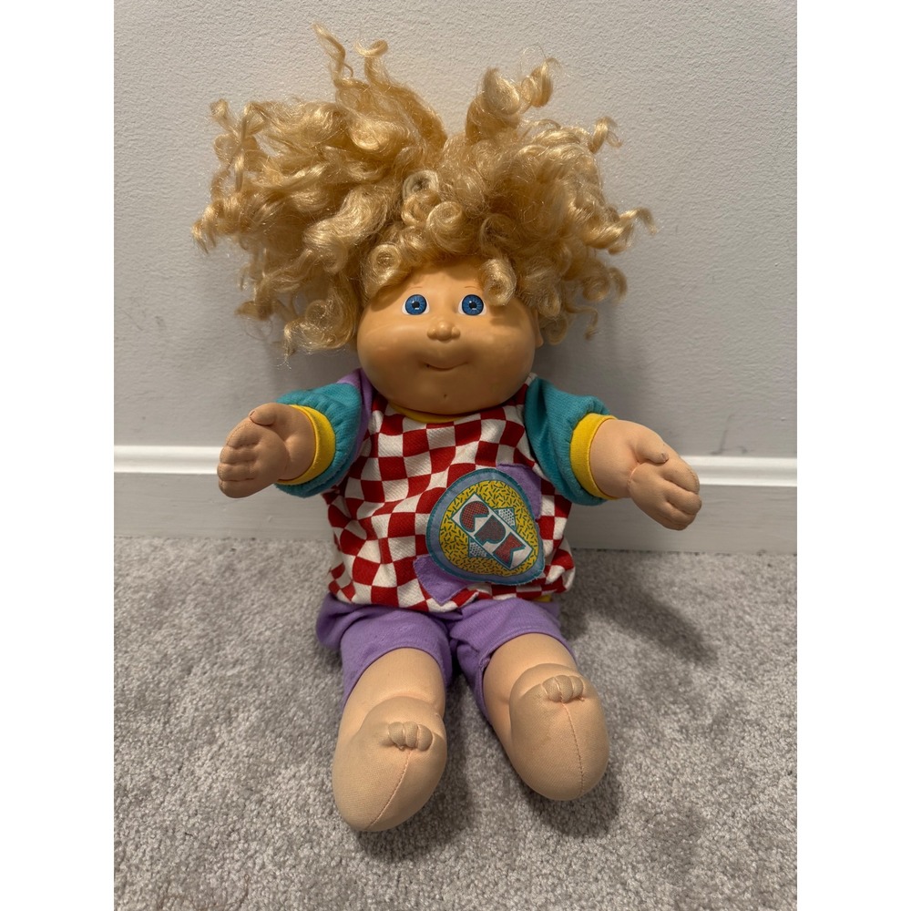Vintage Cabbage Patch Kids Doll Blonde Curly Hair Blue Eye 1989 Checkered Outfit